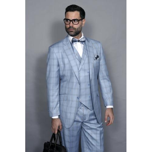 Statement Confidence Powder Blue / Brown Windowpane Super 150's Wool Vested Classic Fit Suit TZ-953
